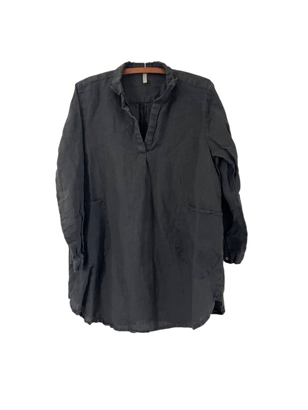 Embellished Charcoal Gray Lagenlook Oversized Pockets Vneck Linen Top Size XL